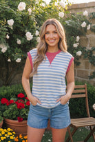 Striped muscle tee, colorblock sleeveless top, pink and blue striped shirt, women's casual knit top, relaxed fit muscle tee, summer colorblock top, breathable striped tee.