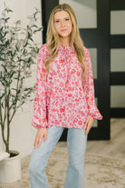 Floral blouse, puff sleeve top, V-neck blouse, vintage style blouse, pink floral top, women's woven blouse, loose fit top, viscose blouse, romantic summer top, boho chic blouse.