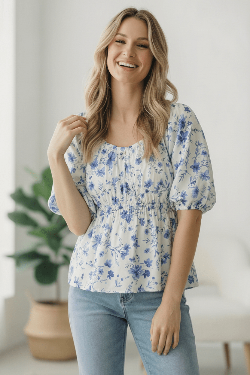 floral peplum blouse, bubble sleeve top, babydoll floral shirt, feminine summer tops, blue floral blouse, romantic puff sleeve top, Sunday in Provence blouse, women's floral tops