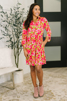 Pink floral dress, collared dress with pockets, Bulgari fabric clothing, women's stretch work dress, Pink Blossom dress, designer style day dress, comfortable floral fashion.