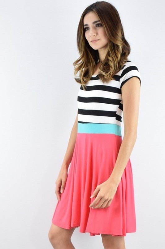 Stripe mini swing dress, colorblock summer dress, women's nautical fashion, made in USA clothing, rayon spandex dress, pink flare dress, casual boutique dress, sundress with stripes.