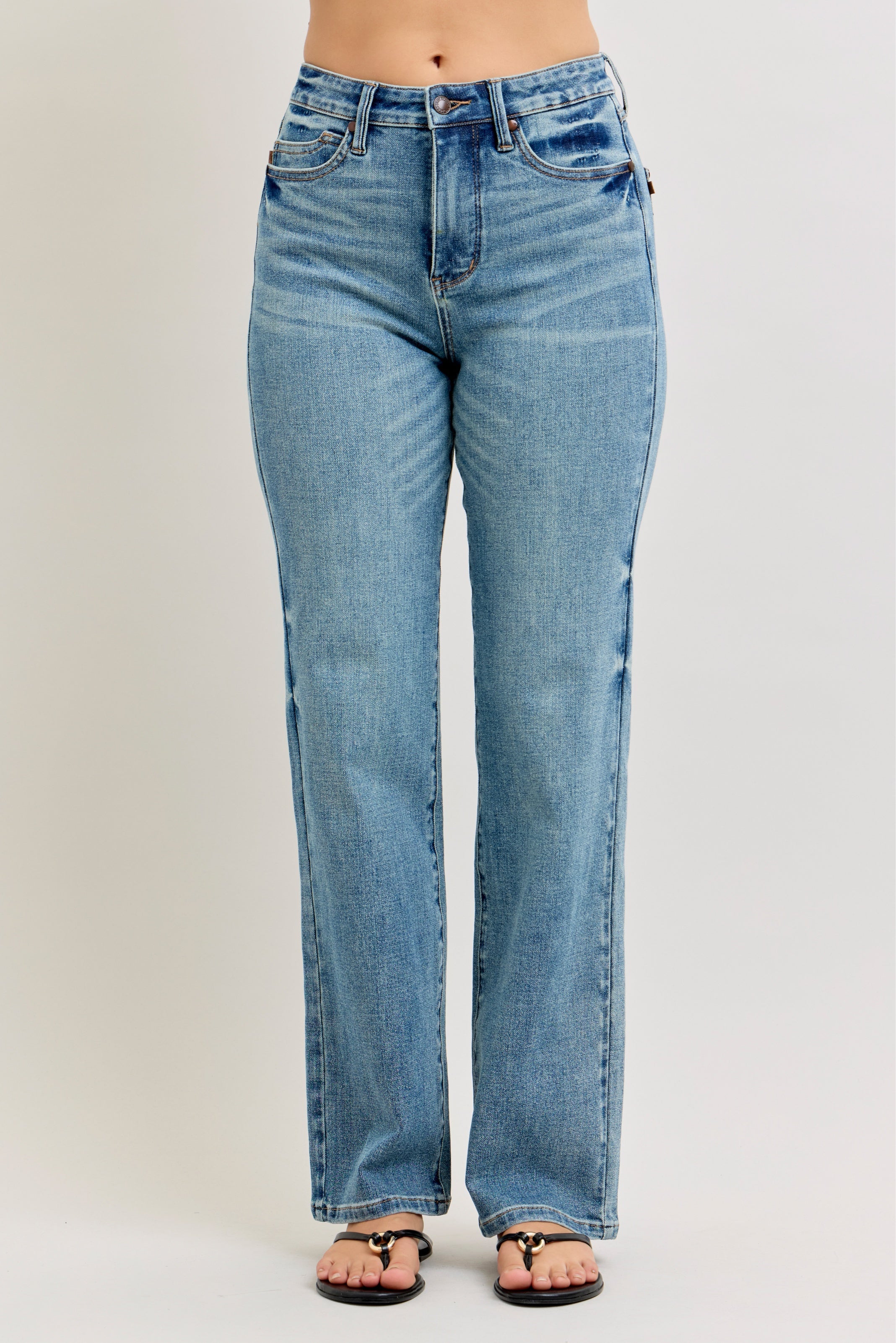 Judy Blue Jeans, Tummy Control Denim, High Waist Slim Straight, Sabrina Jeans, Distressed Hem Jeans, Stretchy Women's Denim, Slim Fit Straight Leg.