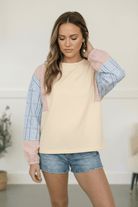 Oatmeal pullover, plaid patchwork top, boutique women's clothing, mixed print sweatshirt, casual long sleeve top, comfortable lounge wear, patchwork sleeves top.