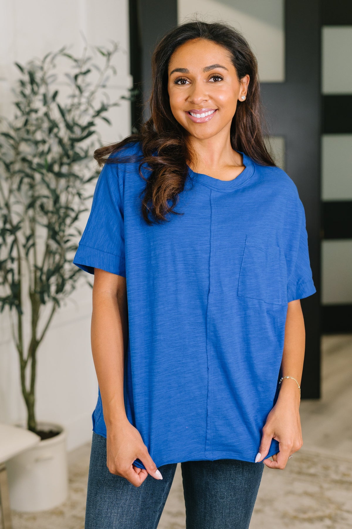 Royal blue oversized tee, women's dolman sleeve shirt, 100% cotton relaxed top, boxy basic t-shirt, heathered knit loungewear, exposed seam tee, slouchy blue top.