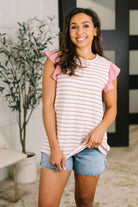 Rose Flutter Sleeve Top, Textured Knit Shirt, Pink Striped Women's Top, Ruffle Sleeve Casual Top, Boutique Knit Tops, Summer Rose Fashion