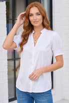 White cotton blouse, ruffle neck top, puff sleeve shirt, button-up white top, women’s summer blouse, lightweight white shirt, romantic white top, smocked cuff blouse, feminine office wear.