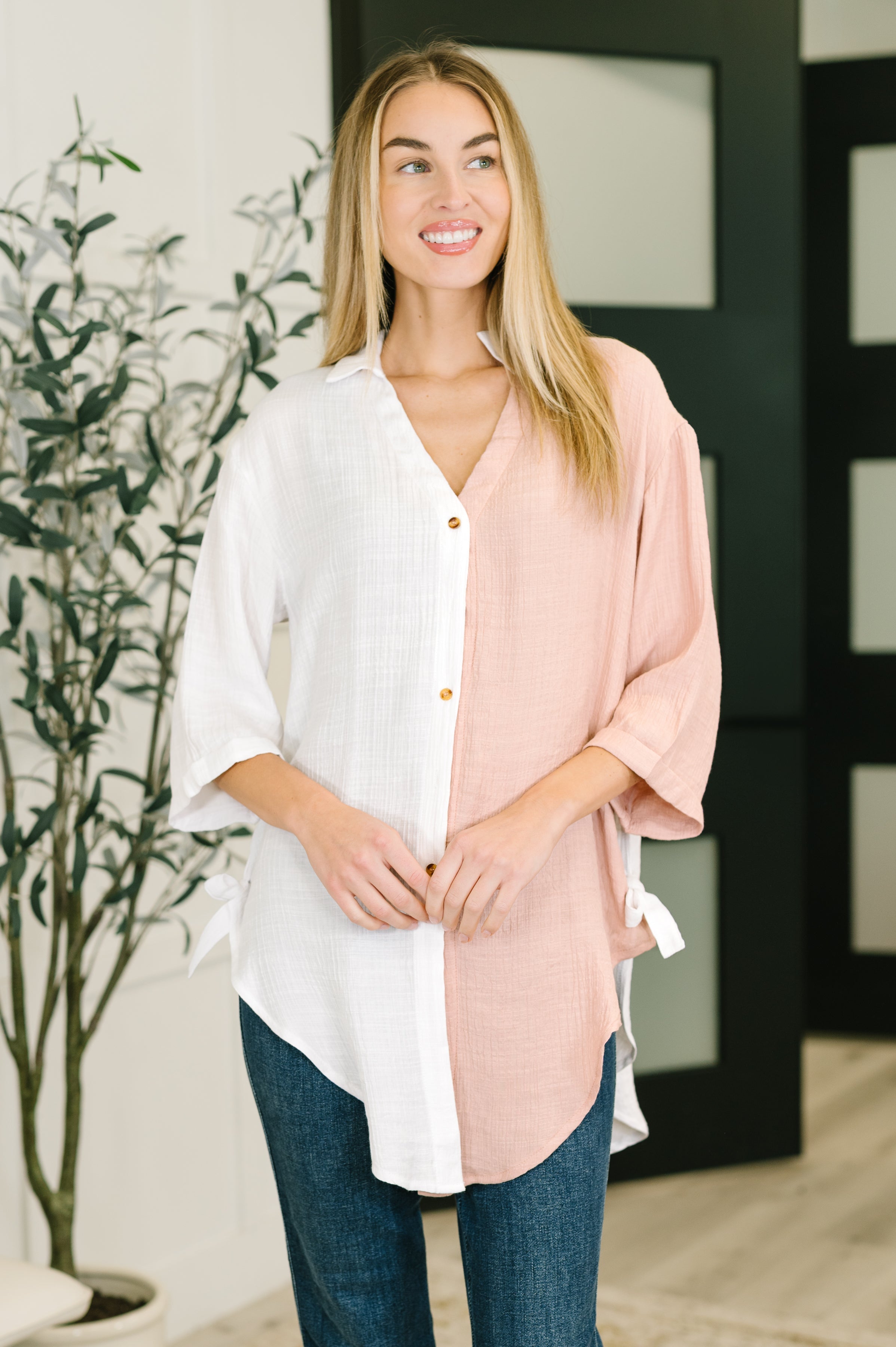 dual toned button down, color block shirt women, oversized crinkle woven top, side tie button down shirt, women's v-neck collared blouse, casual chic oversized top, scooped hem button down, pink and white color block shirt, boutique tops for women.
