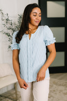 Powder Blue Blouse, Textured Knit Top, Puff Sleeve Blouse, Ruffle Sleeve Top, Women’s Pastel Tops, Stretchy Fashion Blouse, Split Neck Top