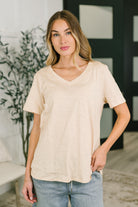 oatmeal tee, cotton v-neck, women's basic tee, lightweight cotton top, relaxed fit tee, neutral t-shirt, woven cotton shirt, breathable summer tee
