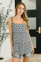 Black shoulder tie blouse, ribbed knit top, square neck cami, adjustable strap blouse, stretchy feminine top, women’s boutique fashion, everyday black blouse.