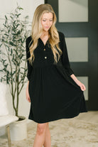 Black collared dress, women's dress with pockets, bulgari fabric clothing, professional stretch dress, black shirt dress gold buttons, office to weekend style, comfortable designer-inspired dress.