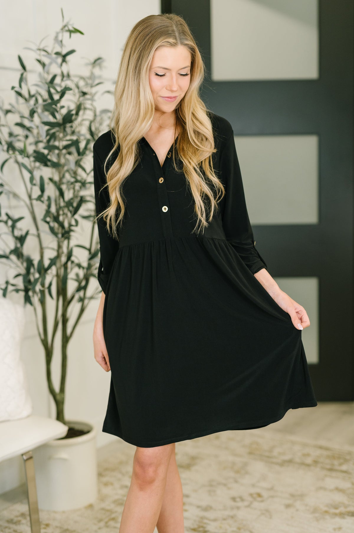 Black collared dress, women's dress with pockets, bulgari fabric clothing, professional stretch dress, black shirt dress gold buttons, office to weekend style, comfortable designer-inspired dress.