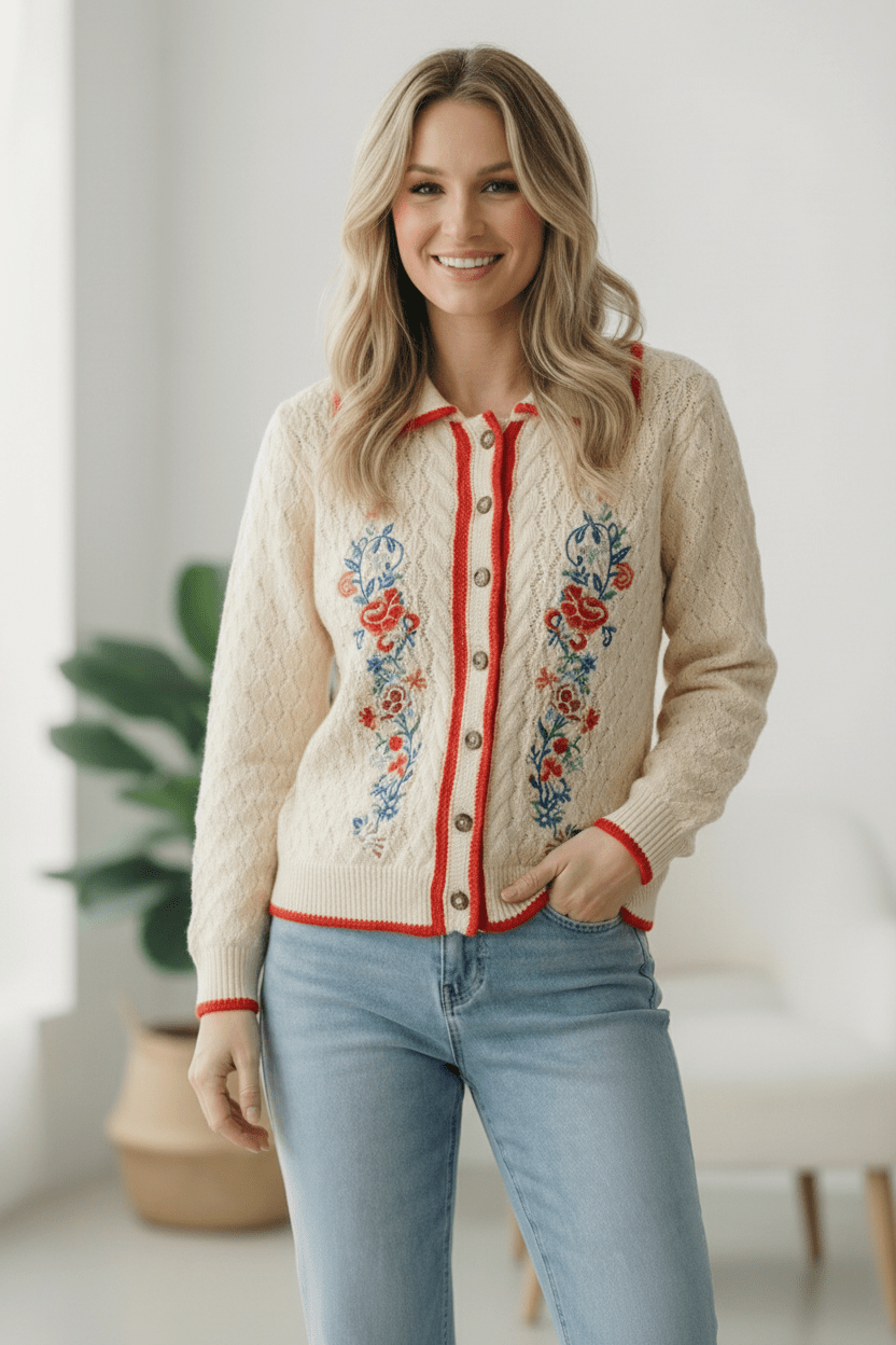 floral embroidered cardigan, vintage style sweater, collared button down cardigan, women's knit sweater, boutique floral cardigan, textured knit sweater, retro floral sweater, cream embroidered cardigan