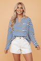 striped top, button back shirt, notched v-neck, long sleeve striped top, boutique clothing, nautical style, women's casual tops, everyday fashion, cotton blend top, chic basics
