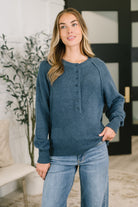 Henley pullover, brushed melange sweater, dusty blue top, women’s stretch pullover, soft knit sweater, raglan sleeve top, relaxed fit loungewear.