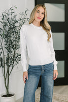 white knit top, long sleeve white sweater, gathered shoulder top, puff sleeve knit, women's lightweight sweater, high stretch white top, feminine basics, sheer white knitwear