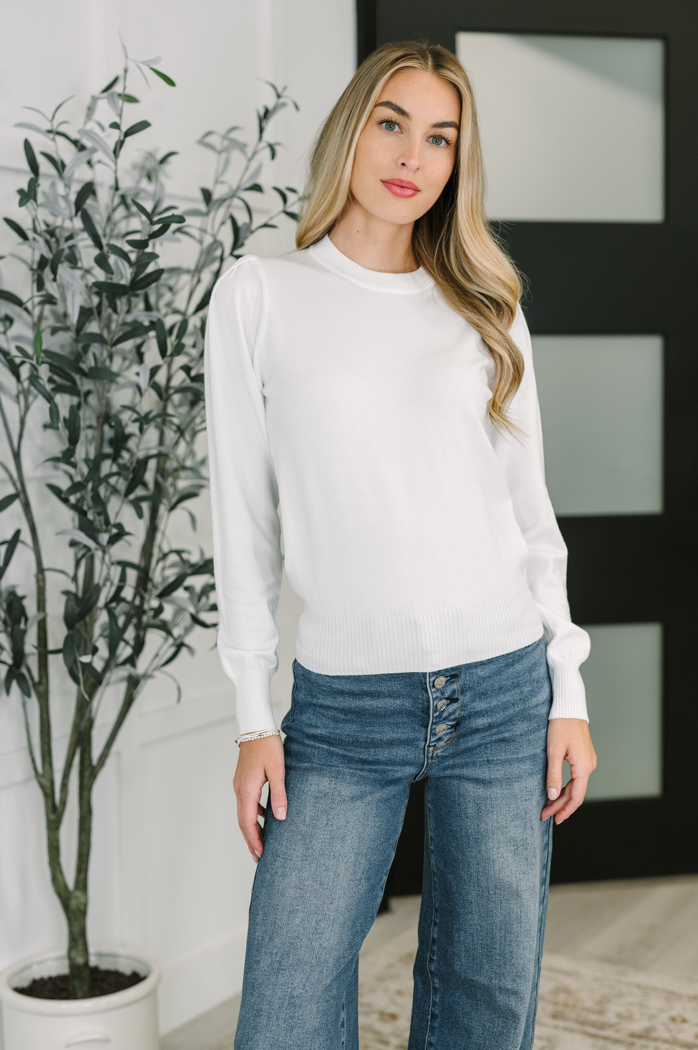 white knit top, long sleeve white sweater, gathered shoulder top, puff sleeve knit, women's lightweight sweater, high stretch white top, feminine basics, sheer white knitwear