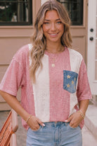 Americana clothing, 4th of July outfit, stars and stripes top, patriotic women's shirt, eyelet lace top, cotton summer tee, red and white striped top, star embroidery denim pocket.