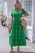 floral maxi dress, green floral dress, shirred waist dress, cotton viscose maxi, spring garden party dress, split neck dress, boho maxi dress green, summer floral dress, ruffle hem maxi.