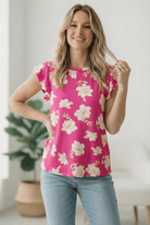 Hot pink floral top, ruffle cap sleeve blouse, women's spring knit top, pink flower print shirt, flutter sleeve knit top, casual brunch outfit, lightweight floral blouse.
