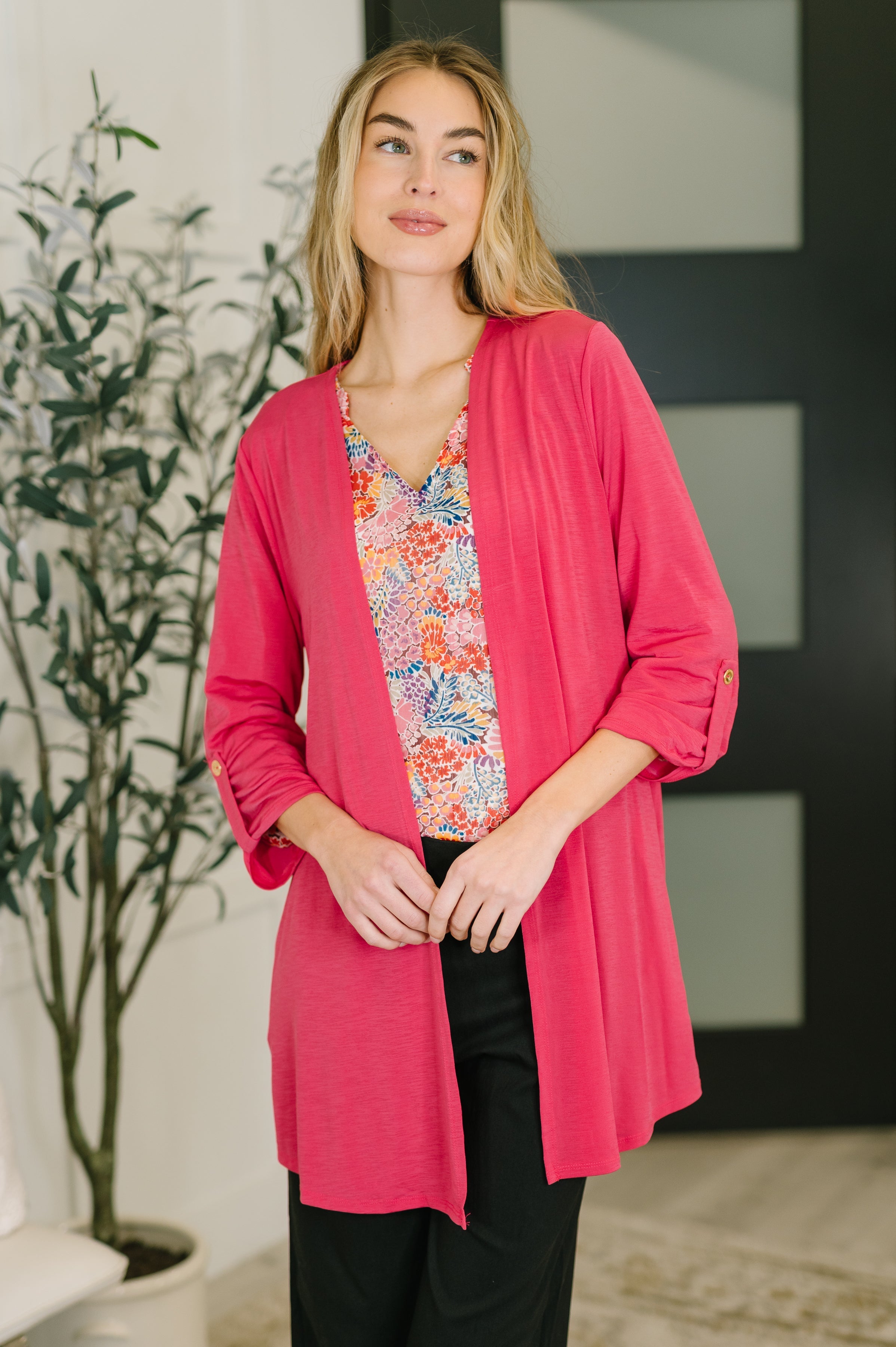 Fuchsia cardigan, lightweight cardigan, open front cardigan with pockets, wrinkle resistant clothing, Bulgari knit cardigan, 3/4 sleeve cardigan, pink layering top, women's comfort fashion.