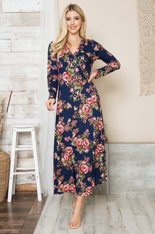 floral maxi dress, long sleeve wrap dress, navy floral gown, jersey wrap dress, USA made fashion, figure-flattering maxi, wedding guest dress, boho floral style