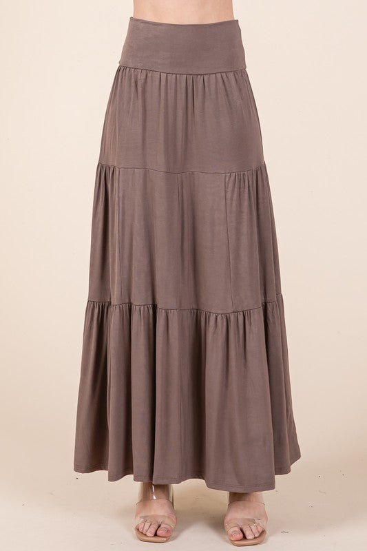 tiered ruffle skirt, maxi skirt, boho skirt, foldover waistband skirt, made in USA clothing, rayon maxi skirt, comfortable women's skirts, flowy tiered skirt, summer maxi skirt.