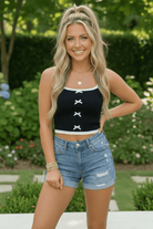Bow crop top, ribbed tank, black cropped tank, coquette aesthetic, contrast trim top, white bow tank, feminine summer tops, Y2K fashion, ribbed knit cami.