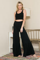 High waisted pants, wide leg pants, tiered ruffle trousers, boho flare pants, palazzo pants, Made in USA clothing, non-sheer yoga pants, rayon spandex flares, women's bohemian fashion.