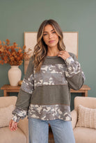 camo pullover, olive green sweatshirt, color block top, women's oversized sweater, french terry pullover, street style loungewear, camo print top, cozy loungewear