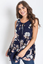 Sleeveless floral tunic, tiered women's top, made in USA clothing, navy floral blouse, flowy summer tunic, boho floral shirt, women's boutique tops.