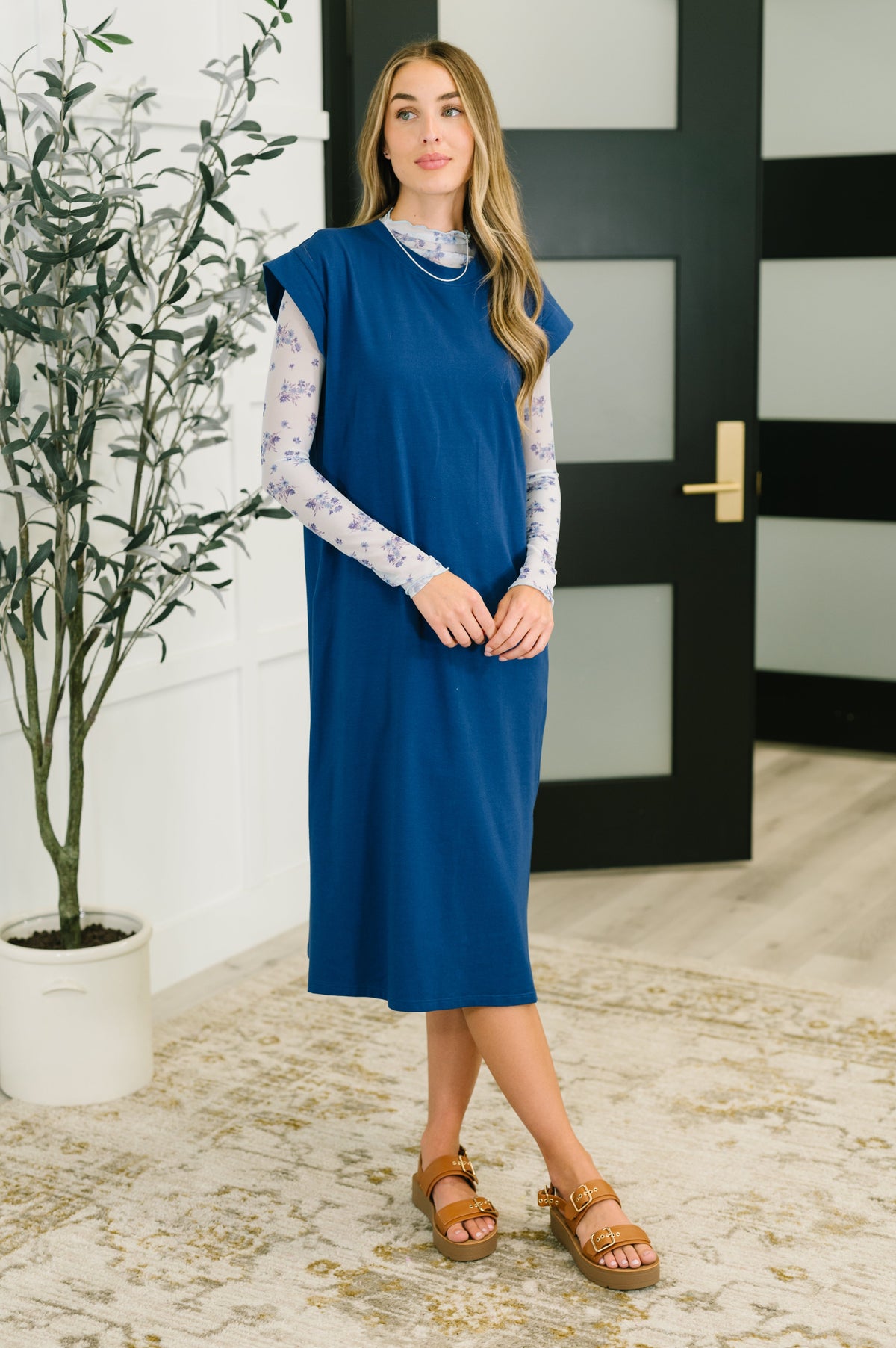 Navy casual dress, cotton jersey dress, t-shirt dress midi, comfortable navy dress, women's relaxed fit dress, everyday stretch dress, Fabknits casual wear