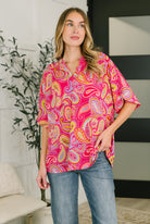 Hot pink paisley top, dolman sleeve blouse, Lizzy Breeze top, Bulgari fabric shirt, women's boho print top, high stretch paisley blouse, pink floral split neck top.