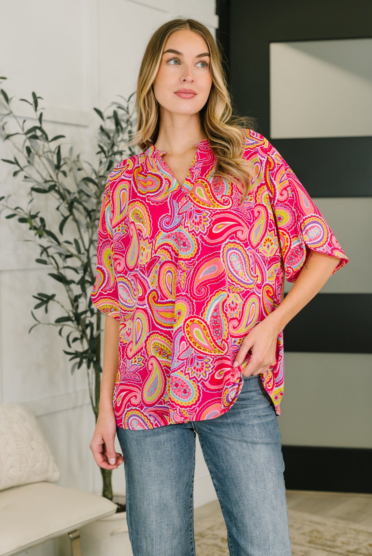 Hot pink paisley top, dolman sleeve blouse, Lizzy Breeze top, Bulgari fabric shirt, women's boho print top, high stretch paisley blouse, pink floral split neck top.