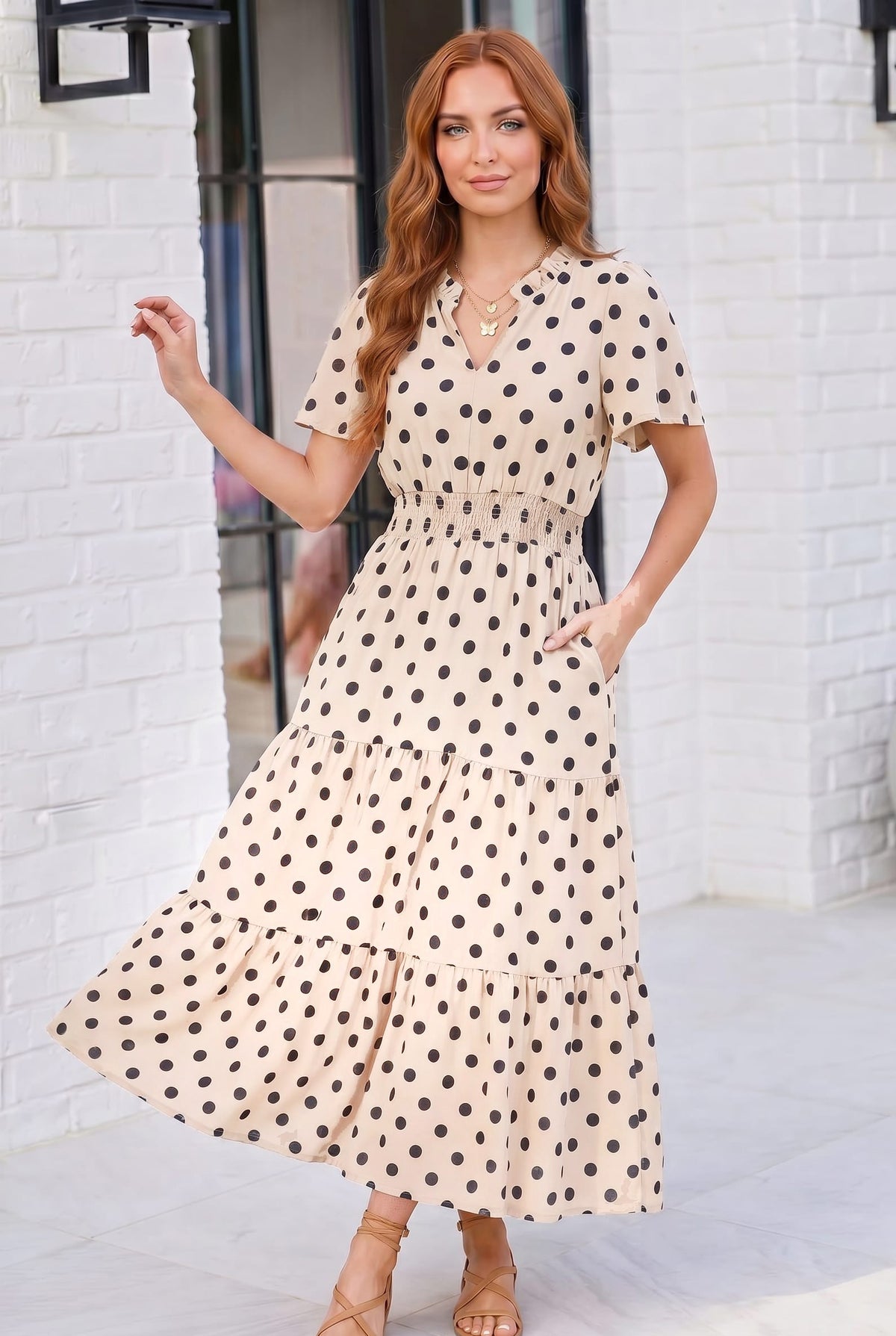 polka dot midi dress, tiered midi dress, cream and black dress, smocked waist dress, summer garden party dress, women's midi dress with pockets, flutter sleeve dress, polka dot sundress