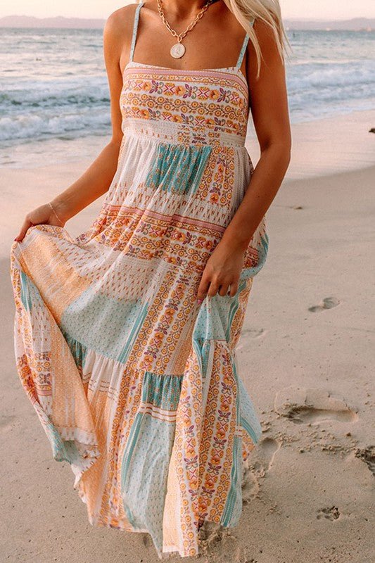 boho sundress, patchwork midi dress, mint coral summer dress, square neck sundress, bohemian vacation outfit, lightweight beach dress, colorful patchwork print