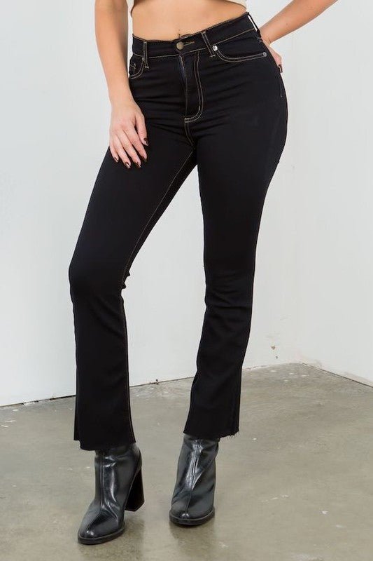 High rise flare jeans, cropped black denim, raw hem jeans, black flare jeans, USA made denim, stretch flare jeans, ankle cropped jeans, jet black denim, women's black jeans.