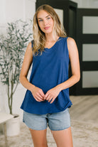 navy v-neck tank, women's cotton tank top, A-line sleeveless top, heathered knit tank, navy blue basic, breathable summer top, structured v-neck tank
