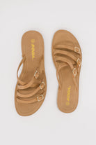 strappy sandals, tan flat sandals, women's summer shoes, gold buckle sandals, beach footwear, comfortable slip-on sandals, boho chic sandals, light tan footwear