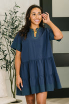 Navy tiered dress, 100% cotton dress with pockets, boutique boho dress, navy notch neck mini dress, western style tiered dress, casual navy cotton dress, structured woven dress.