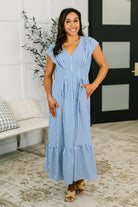 Blue striped maxi dress, smocked waist dress, summer maxi with pockets, pleated v-neck dress, blue and white stripe dress, boutique maxi dress, crinkle woven dress, flattering women's sundress.
