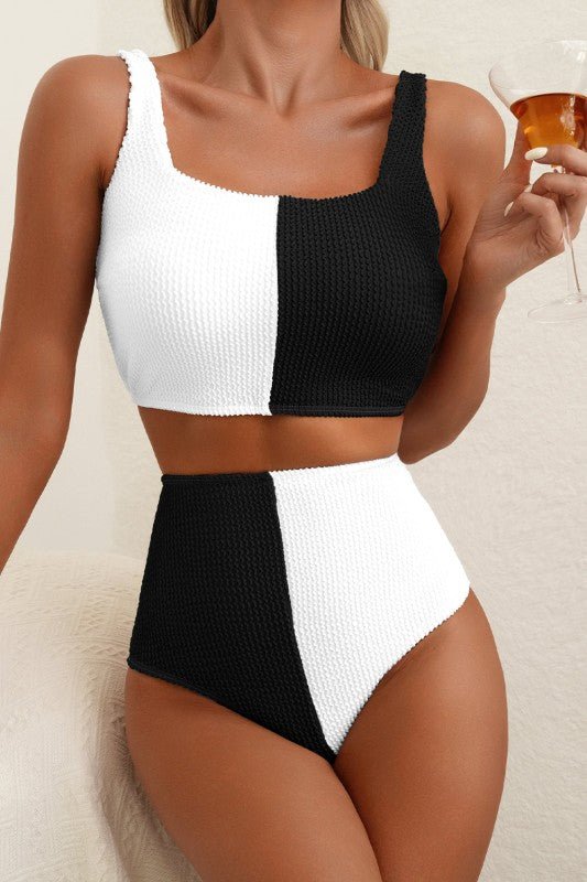 Colorblock bikini, high waisted swimsuit, square neck bikini set, textured swimwear, corded bikini, black and white swimsuit, tummy control bikini, chic beachwear.