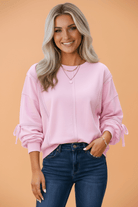 Lace trim sweatshirt, raw seam pullover, boho-chic sweatshirt, women's relaxed sweatshirt, feminine loungewear, soft cotton blend top, pink lace sweater.