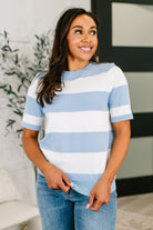 Blue and white knit top, striped sweater blouse, lightweight women's knit, half sleeve sweater, coastal chic top, stretch knit blouse, professional women's tops, viscose blend knitwear.