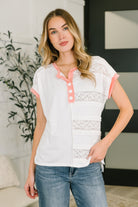 Women's Henley Top, Lace Contrast Shirt, French Terry Top, Boho Chic Top, Textured Short Sleeve, Sheer Layering Top, Stepped Hem Top, Boutique Fashion, White Lace Henley