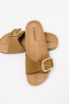 tan buckle sandals, cork sole slides, women's slip on sandals, nubuck sandals, gold buckle shoes, comfortable summer sandals, taupe slide sandals, boho slip ons, Soda Lizzy sandals