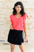 Flutter sleeve top, crinkle woven blouse, V-neck ruffle top, women's coral blouse, adjustable back tie top, summer flutter sleeve shirt, feminine polyester top, boutique fashion tops.