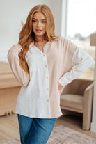 color block blouse, ivory and taupe top, textured button down, women's relaxed fit shirt, crinkle poly top, casual chic button down, modern classic blouse