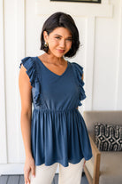 Babydoll Top, Ruffled Sleeve Shirt, Lace V-Neck Top, Women's Jersey Knit Top, Flattering Summer Top, Bohemian Style Blouse, Navy Babydoll Top, Elastic Waist Top