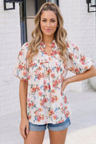 ivory floral top, babydoll blouse, puff sleeve floral shirt, women's vintage floral blouse, 100% rayon top, empire waist floral top, ruffled neckline blouse, boho floral top